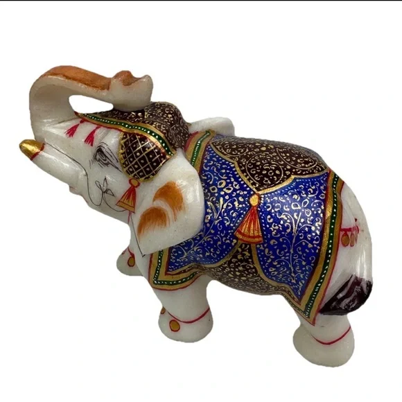 VTG White Marble Trunk Up Stone Hand Painted Elephant StatueHome Decor Gift